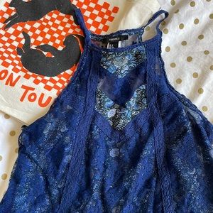 Forever 21 Navy Blue Floral Print Lace Tank Top